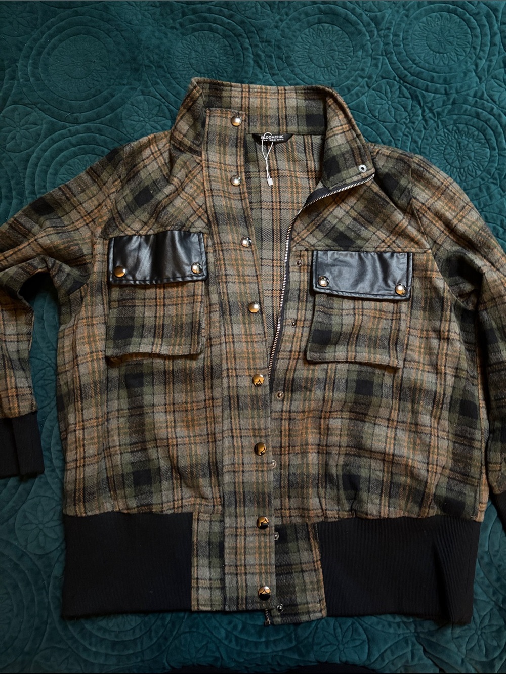 BloomChic Brown & Green Plaid Bomber Jacket with Black Trim